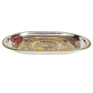 Royal Peacock Designed Stainless Steel Meenakari Decorative Tray - RP Golden